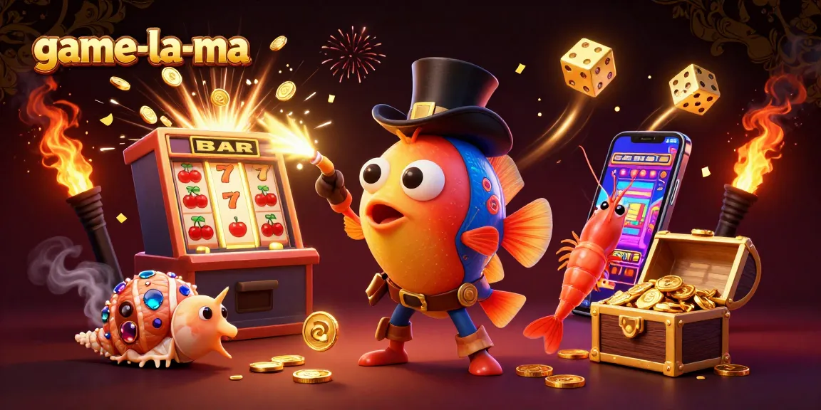 Experience thrilling wins with game-la-ma's vibrant casino illustration showcasing slot machines and treasure.
