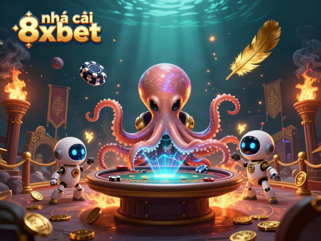 Engage with thrilling poker experiences at nhà cái 8xbet in an exciting 3D octopus casino scene.