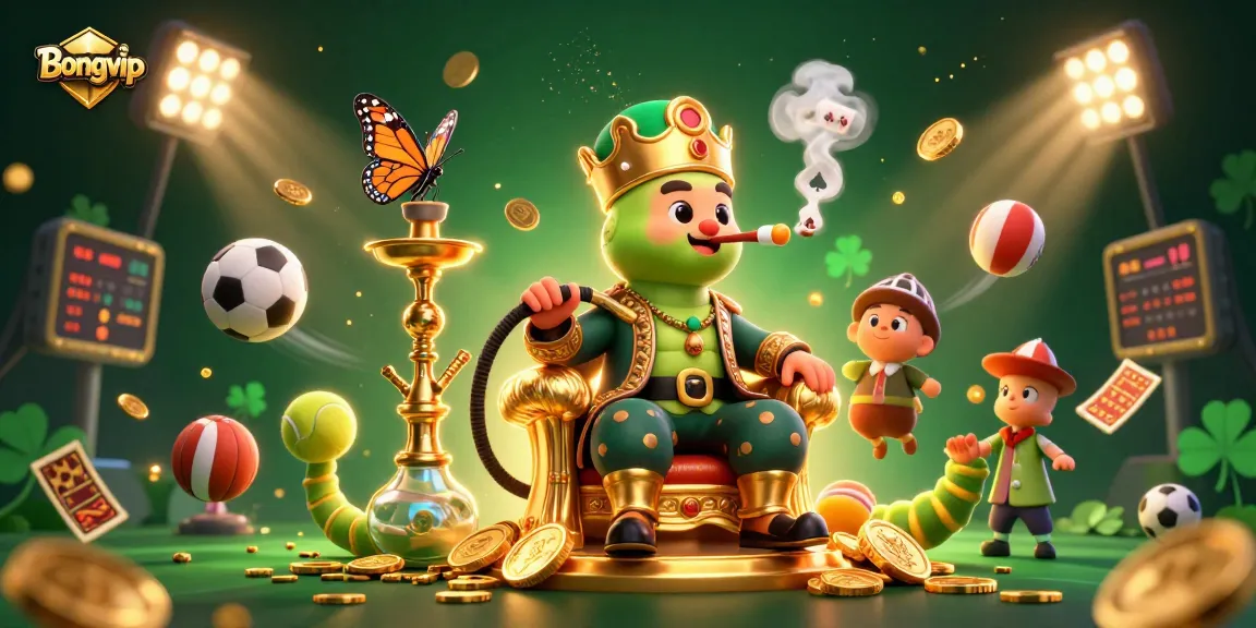 Bongvip's playful 3D illustration features a whimsical caterpillar hookah-master in a Turkish sultan outfit amidst dynamic sports betting elements.