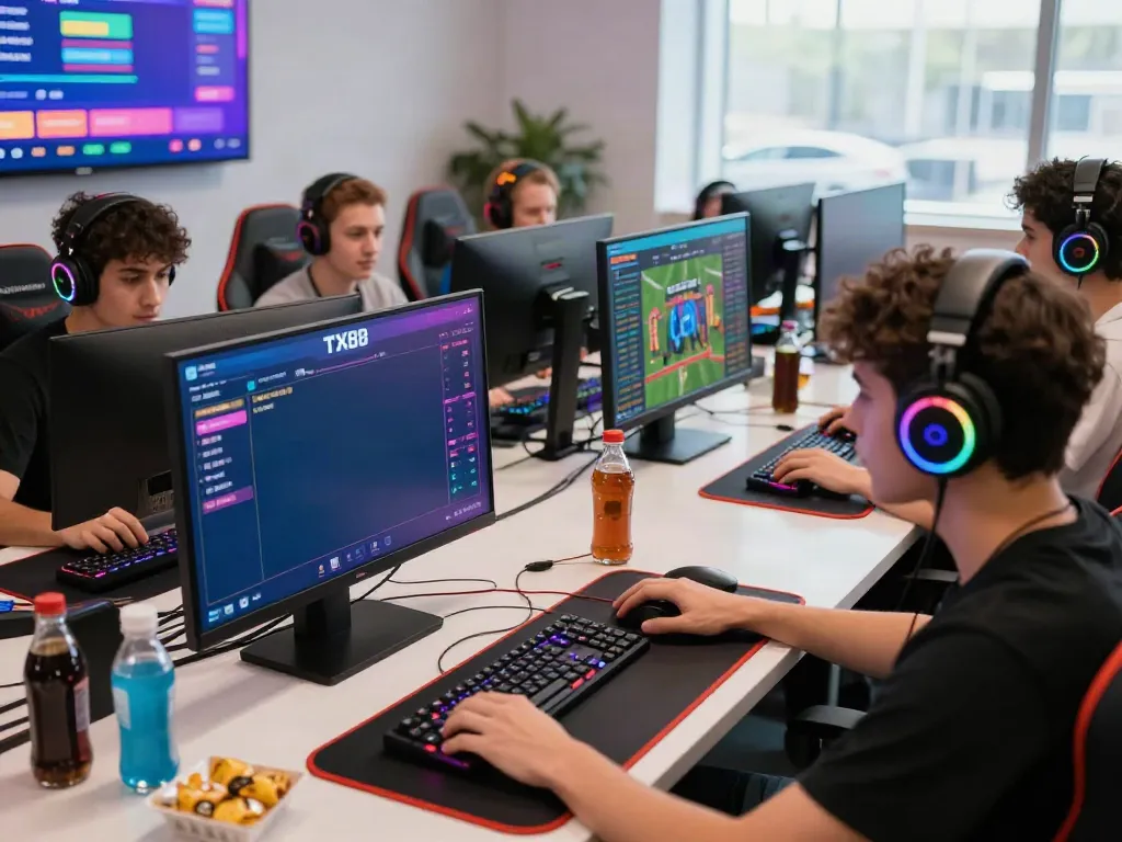 Players immersed in online gaming at TX88, showcasing vibrant atmosphere and modern setup.