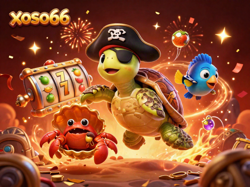 Spin luck with xoso66: an engaging 3D scene of pirate-themed characters and slot reels.