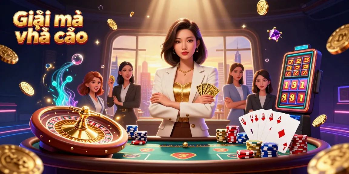 Experience Giãi mã nhà cái with an elegant Asian woman, golden cards, and dynamic casino elements.