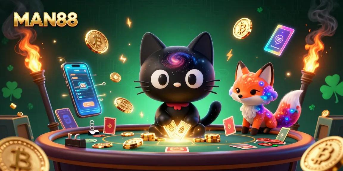 Engage with MAN88 in a cosmic casino adventure featuring a black hole cat and a nebula fox!