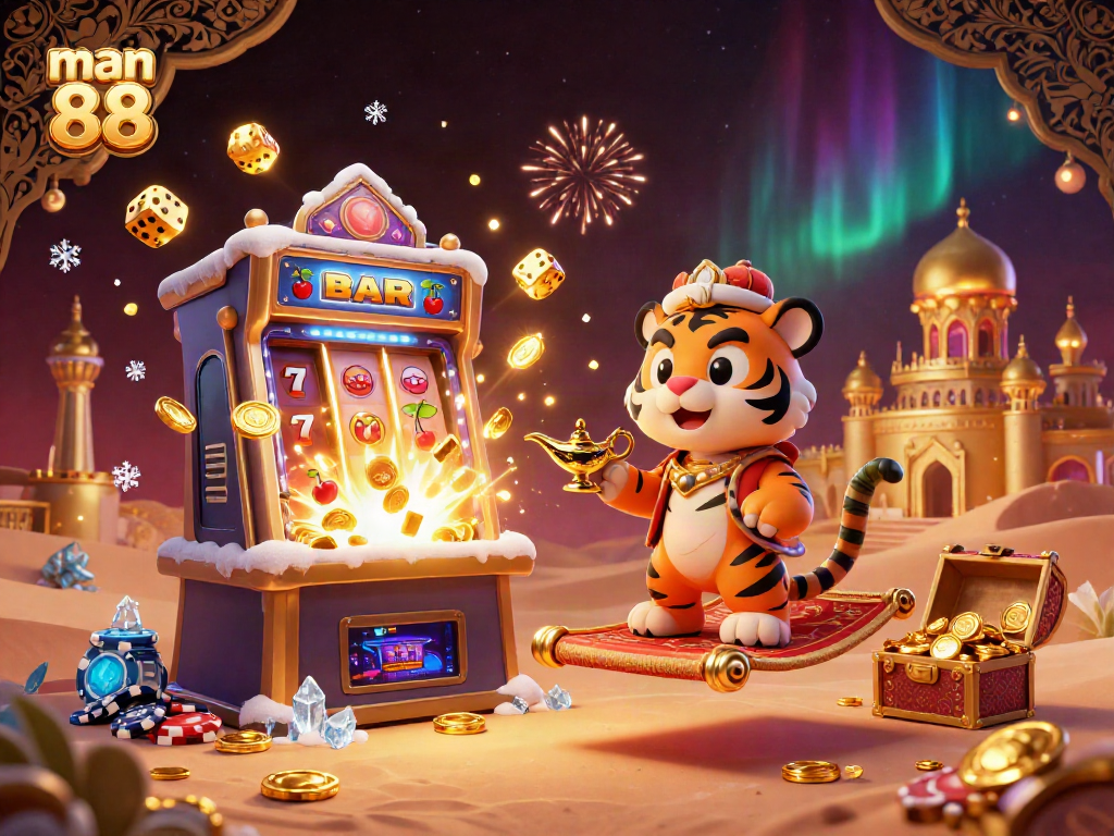 Experience thrilling gameplay at man 88 through a magical 3D casino scene featuring a tiger sultan and bursting jackpots.