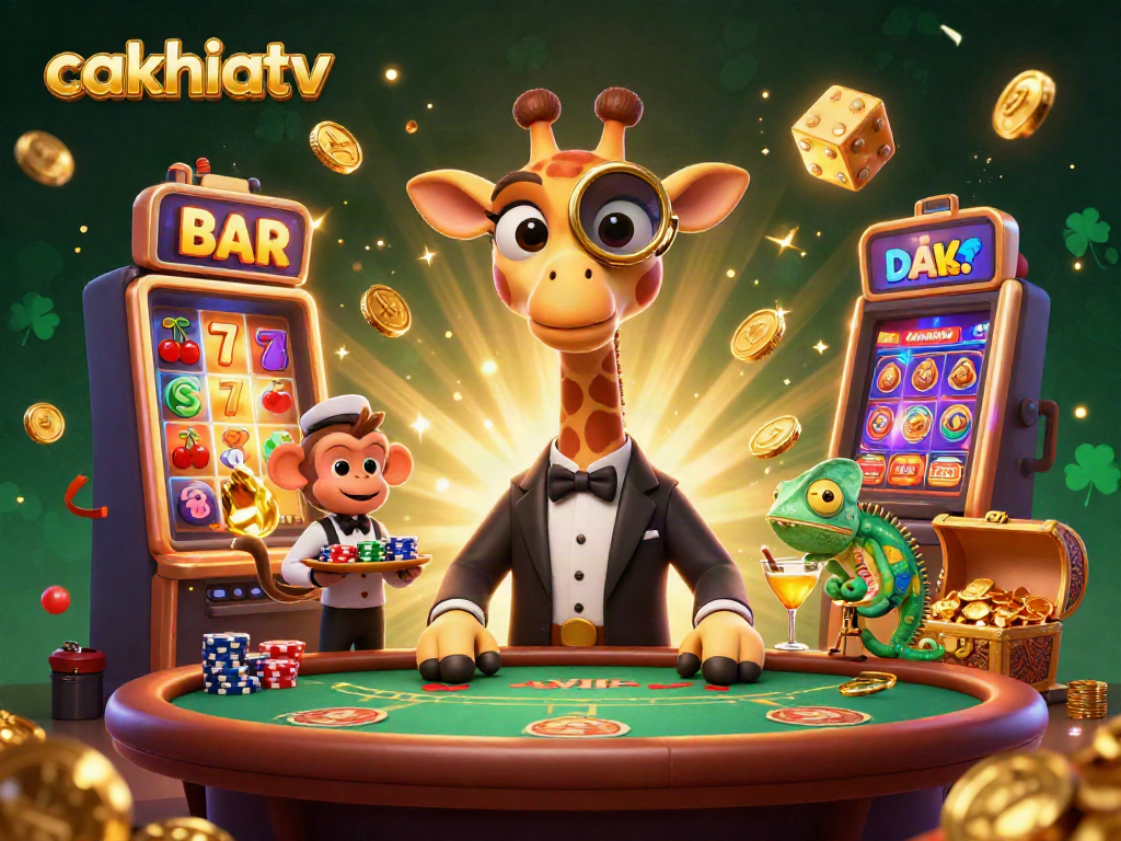Experience excitement at cakhiatv with a vivid casino scene featuring a high-roller giraffe and fortune elements.