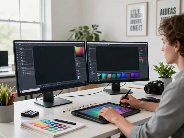 Desainer yang kreatif bekerja di ruang kerja digital dengan piktoto di layar monitor.