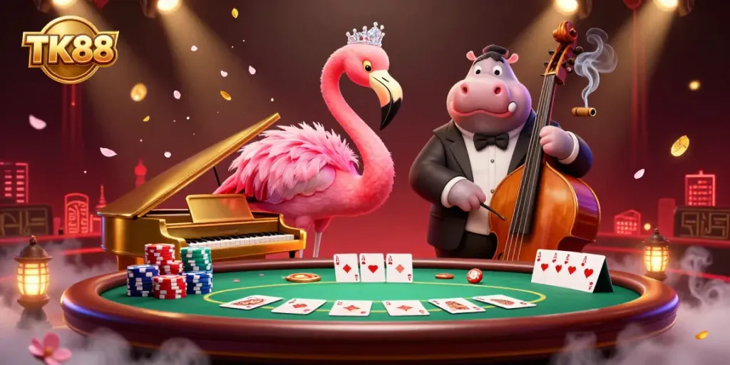 Engaging TK88 casino scene featuring a flamboyant flamingo singer and hippo bassist with poker elements.
