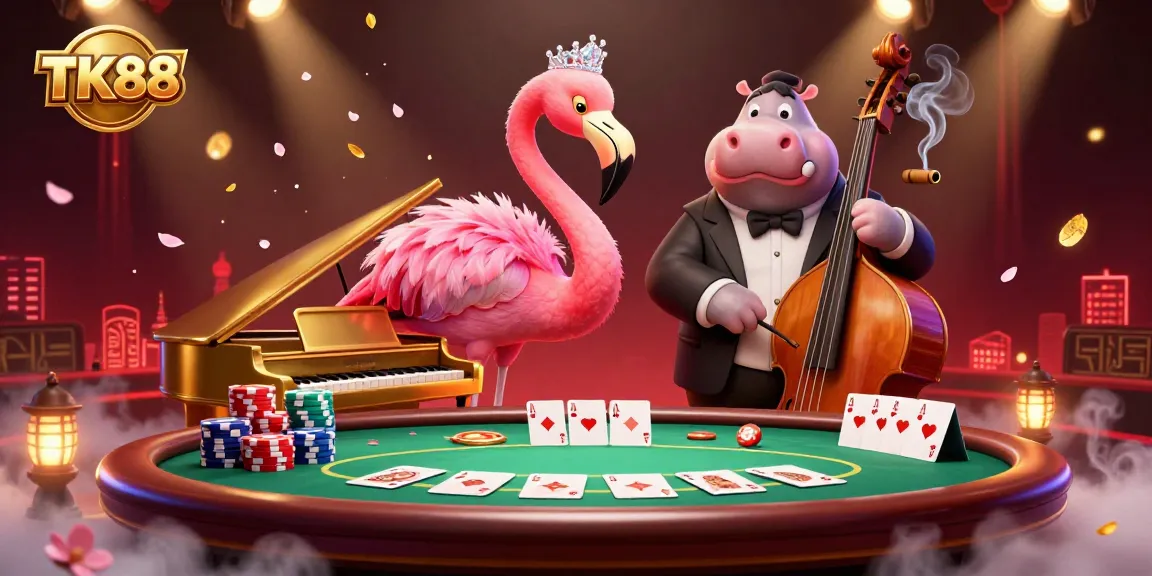 Engaging TK88 casino scene featuring a flamboyant flamingo singer and hippo bassist with poker elements.