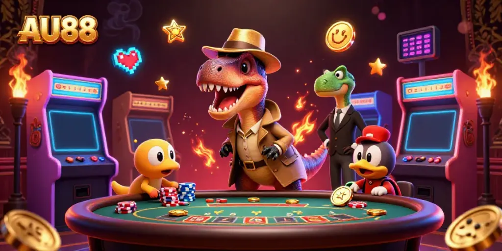 Experience thrilling gameplay at AU88 with a velociraptor card counter and a stegosaurus pit boss in a vibrant 3D casino scene.