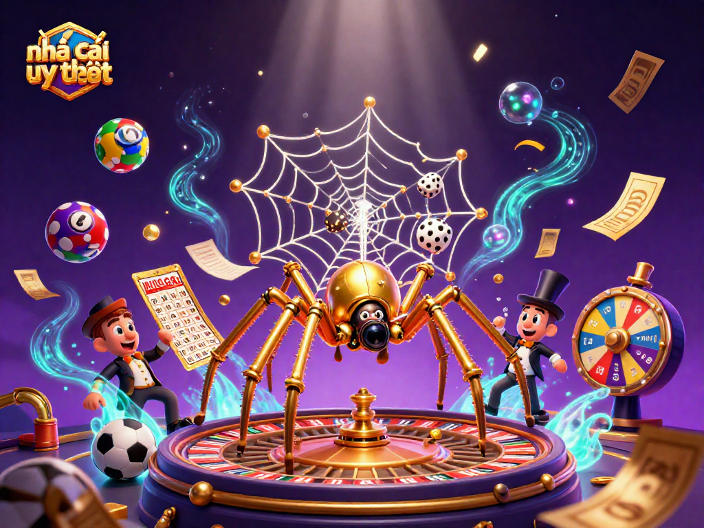 Catching lucky bets at nhà cái uy tín with a steampunk spider and dynamic sports elements.