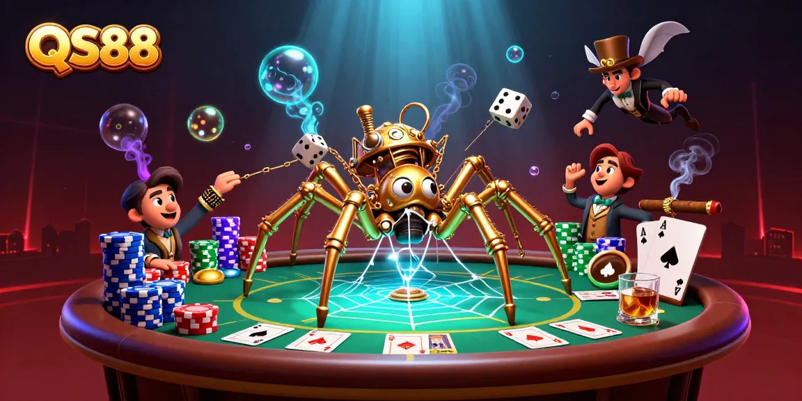 Engage in thrilling poker matches with QS88, illustrated in a vibrant and dynamic steampunk casino setting.