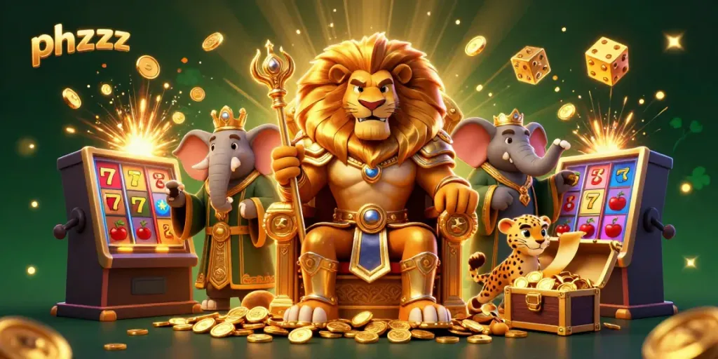 Experience victory with phzzz in this energetic casino-themed illustration featuring a lion king and advisors.