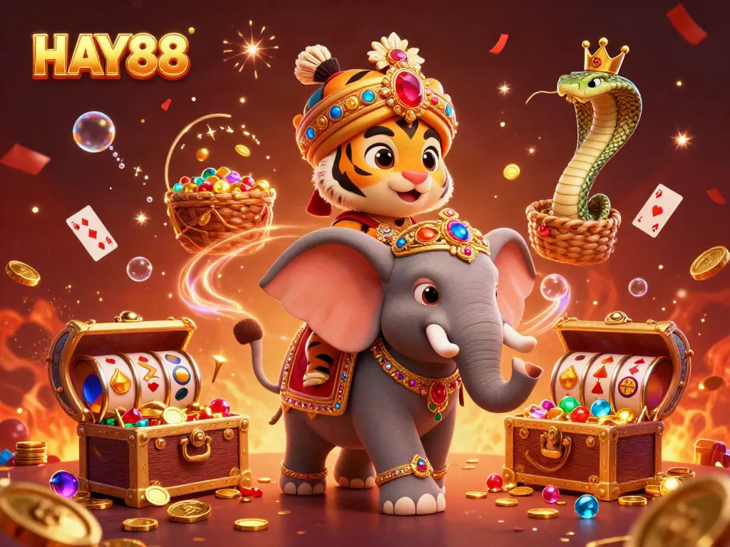 Experience excitement at HAY88 with a vibrant 3D casino scene featuring a maharaja tiger and thrilling gaming elements.