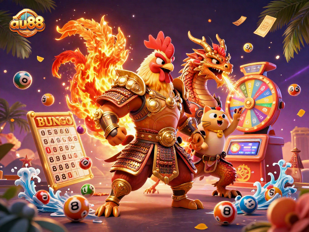 Witness engaging au88 gameplay with a powerful rooster warrior and a fierce dragon amidst a vibrant casino scene.