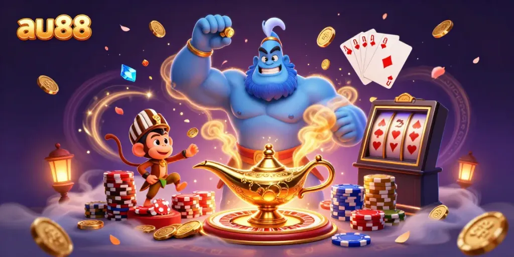 Experience the thrill of winning at au88 with a vibrant genie and casino treasures.