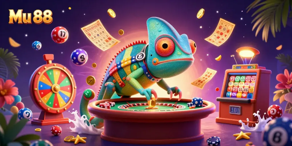 Experience the dynamic casino world of Mu 88, featuring a chameleon owner amidst vibrant gambling elements.
