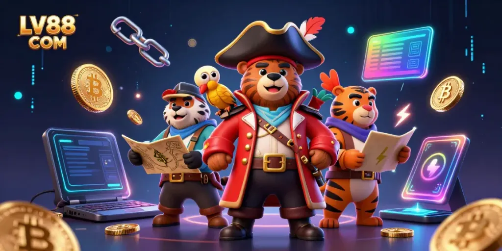 Experience excitement at LV88 COM with a colorful 3D casino illustration featuring unique characters and vibrant crypto elements.