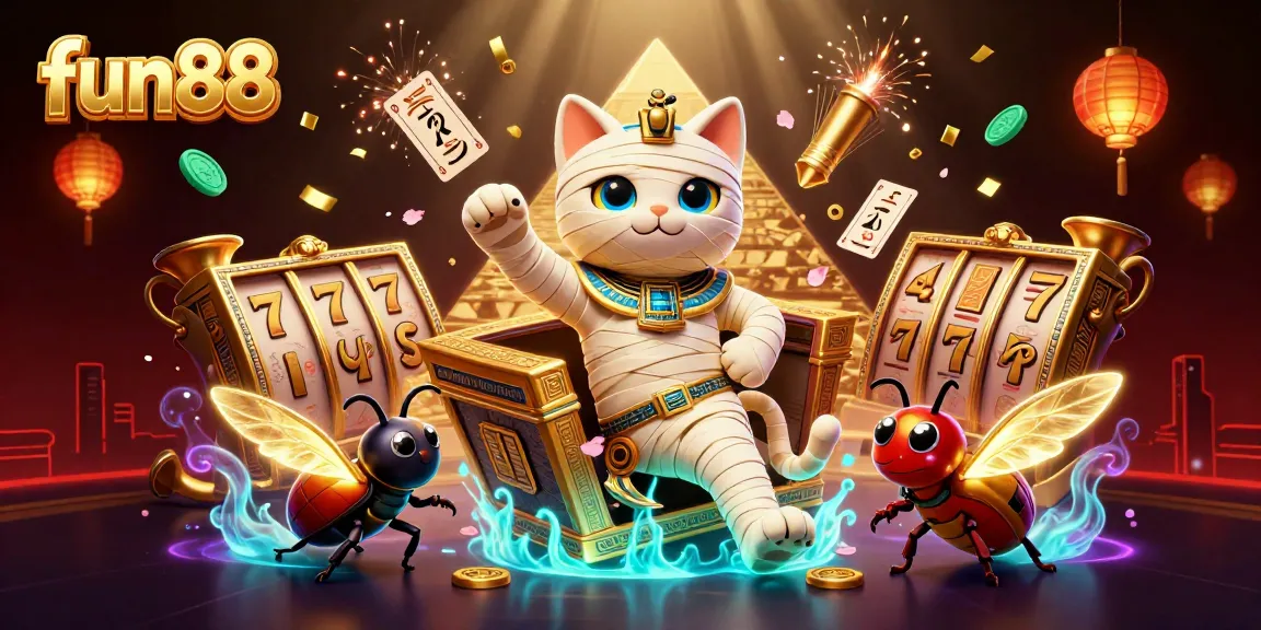 Experience the excitement of fun88 with a vibrant 3D casino scene featuring a mummy cat and golden sarcophagus.