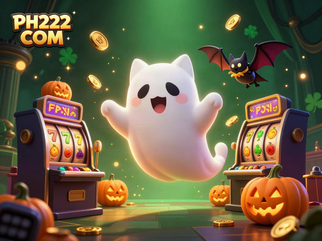 Enjoy thrilling gaming adventures with PH222 COM's vibrant casino graphic featuring a ghost cat and dynamic elements.