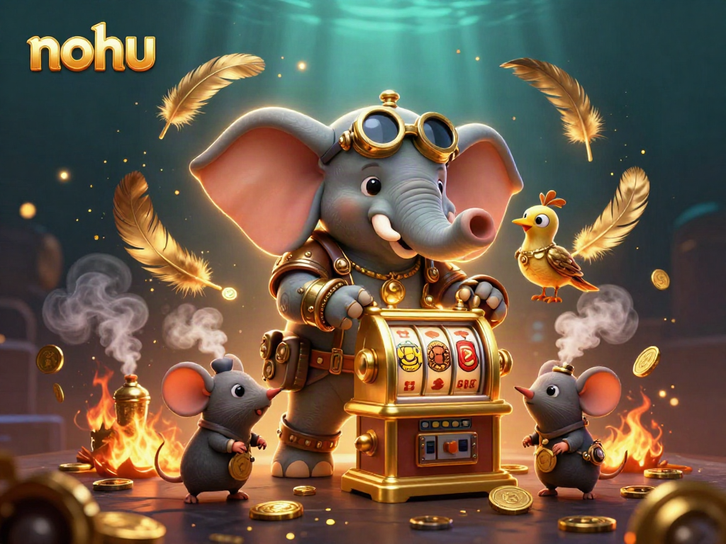 Engaging nohu-themed scene showing a steampunk elephant operating a slot machine amid swirling gold and vibrant casino elements.