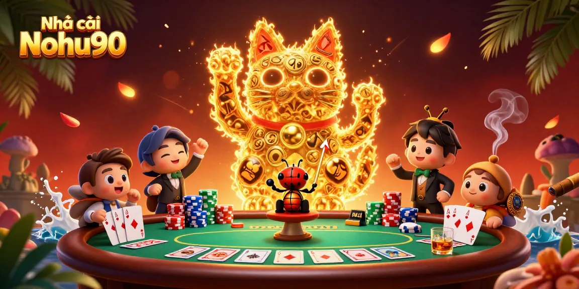 Experience the thrill of Nhà cái Nohu90 with a dynamic lucky cat and vibrant casino elements.