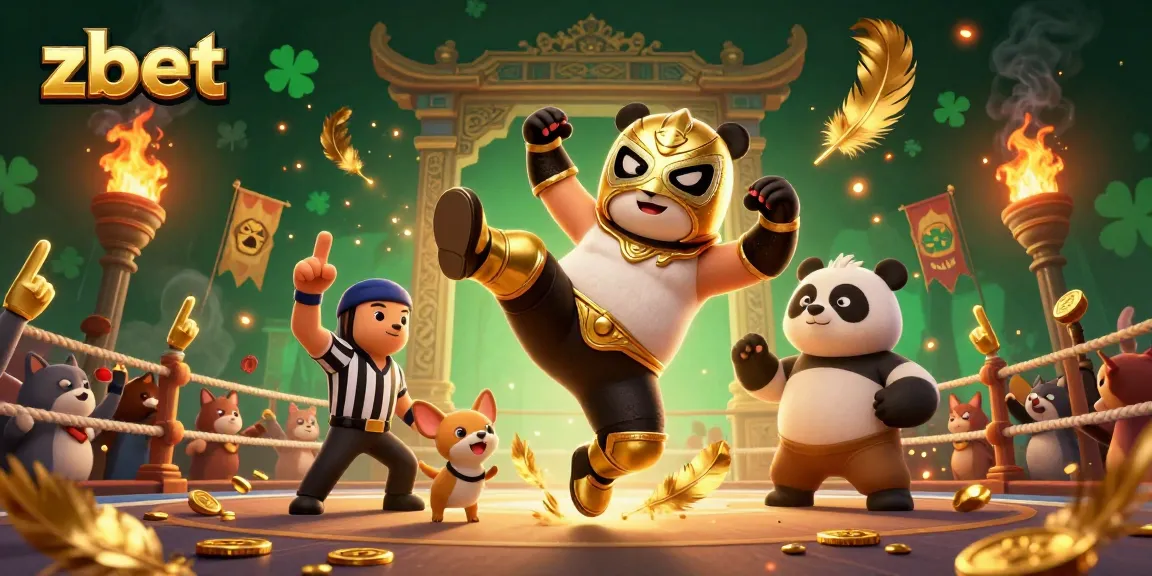 Watch the zbet panda wrestler kick high while bettors cheer in an exciting casino scene.