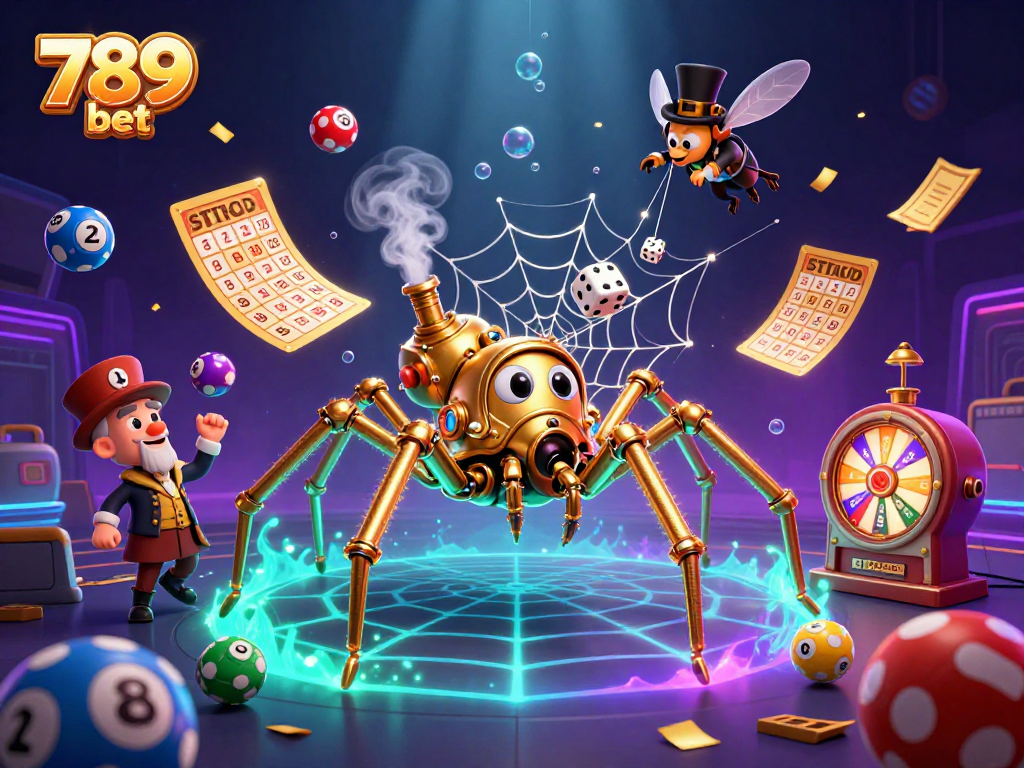 Experience the thrill of 789 bet with a vibrant depiction of a golden spider catching dice.