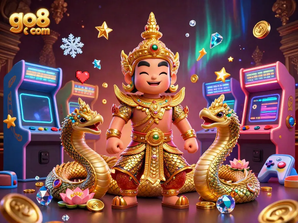 Engage the excitement of gaming at go8 com with a 3D guardian and vibrant arcade elements.