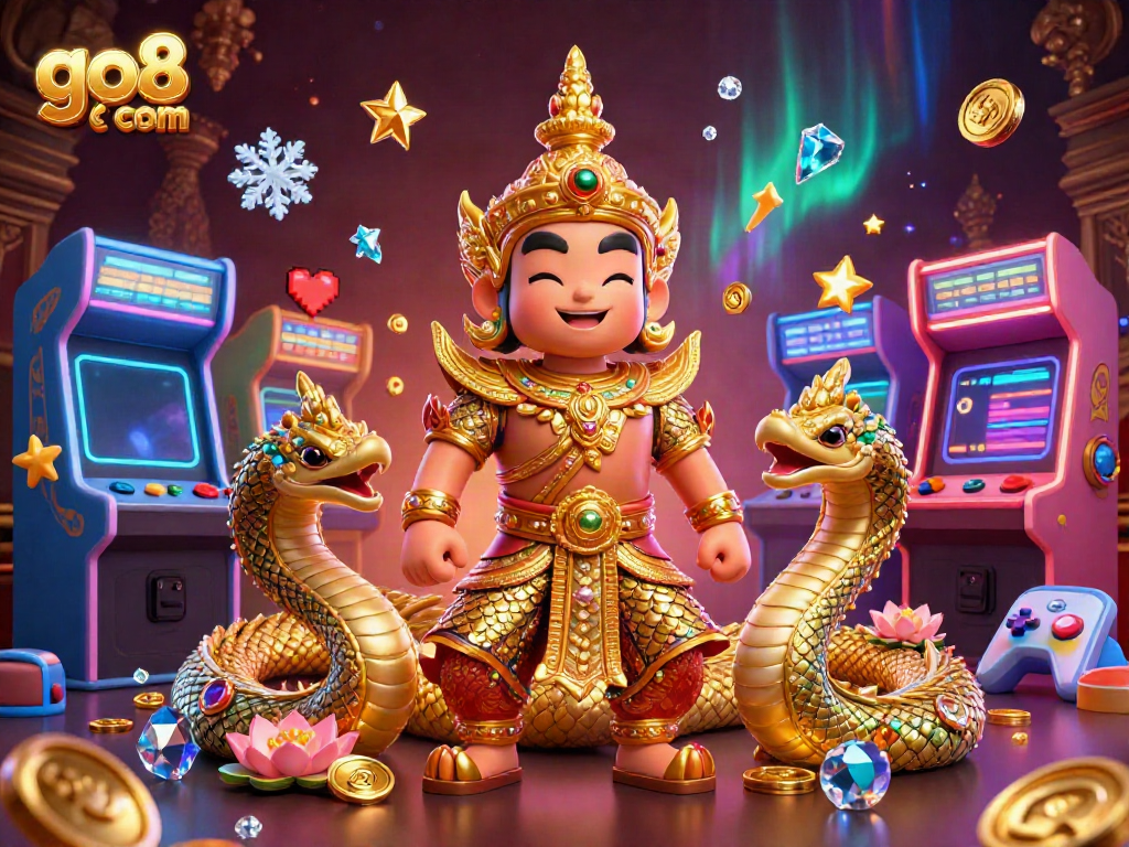 Engage the excitement of gaming at go8 com with a 3D guardian and vibrant arcade elements.