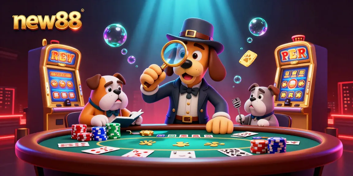 Bet on new88 at vibrant casino scene with characters solving poker mysteries and treasures.