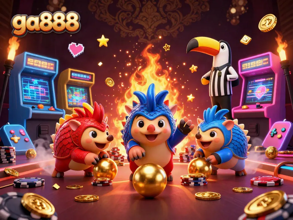 Compete with ga888 in a vibrant casino scene featuring rival pangolins in a game of bowling with golden chips.