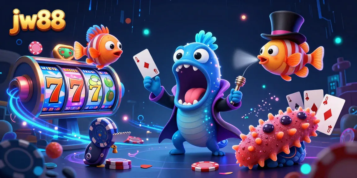Experience thrilling jw88 gaming with a vibrant 3D underwater magic show featuring unique characters and casino elements.