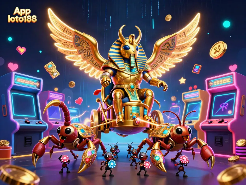 Engage with the App loto188, featuring a dynamic 3D cartoon illustration of gaming elements and characters.