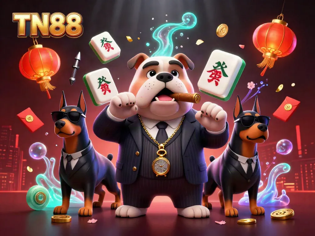 Engage in thrilling gaming with TN88, featuring a cartoon mafia boss and dynamic casino elements.