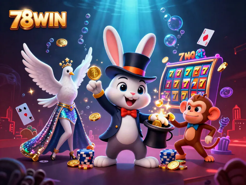 Engage with 78WIN's vibrant casino scene featuring a magical rabbit, dove assistant, and monkey amid thrilling slot elements.