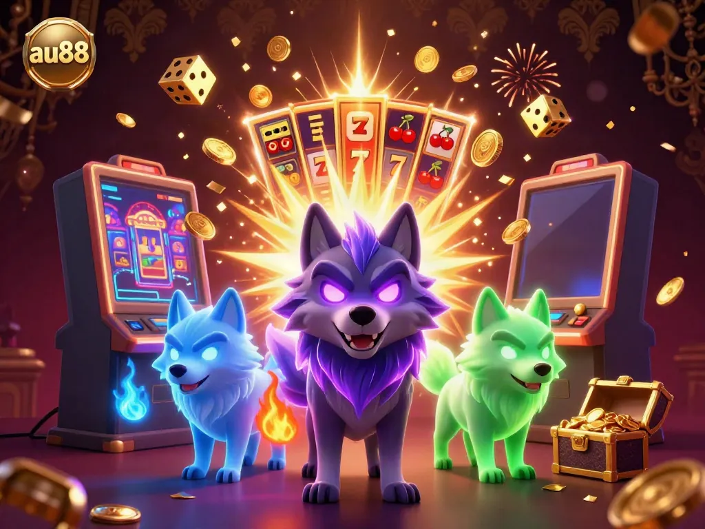 Experience the thrill of au88 with a vibrant slot machine scene featuring dynamic wolves and jackpots.
