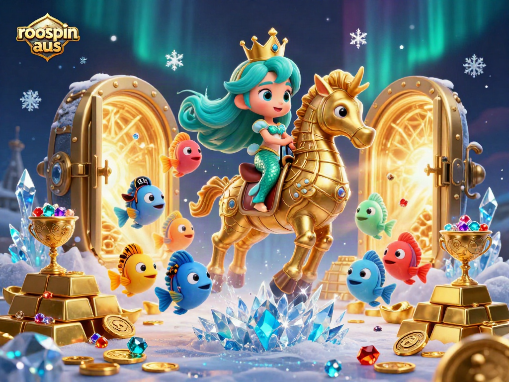 Experience the thrill of roospin aus with a vibrant 3D illustration of a mermaid, seahorse, and treasures.