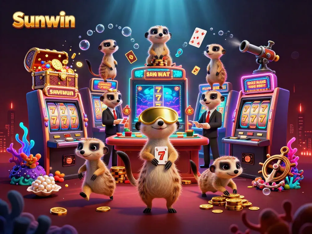 Experience thrilling gameplay with Sunwin's colorful casino meerkats navigating slot machines and treasures.