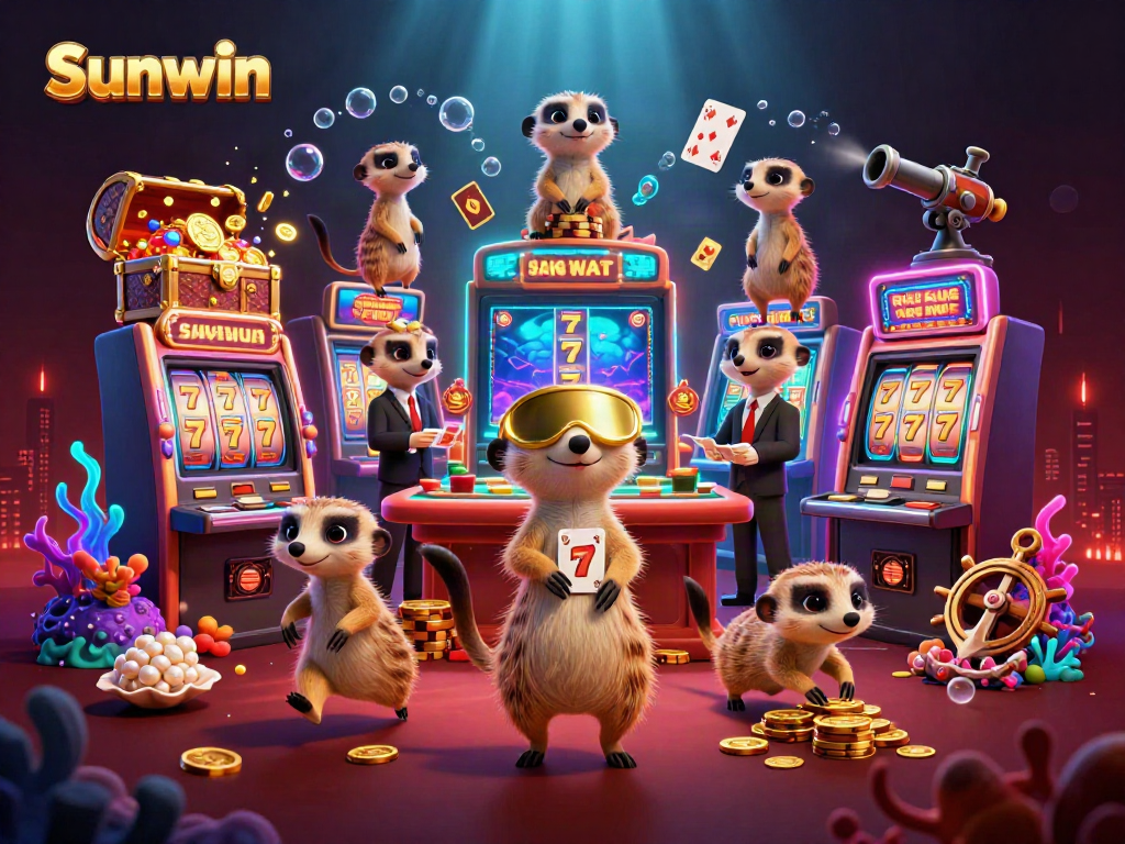 Experience thrilling gameplay with Sunwin's colorful casino meerkats navigating slot machines and treasures.