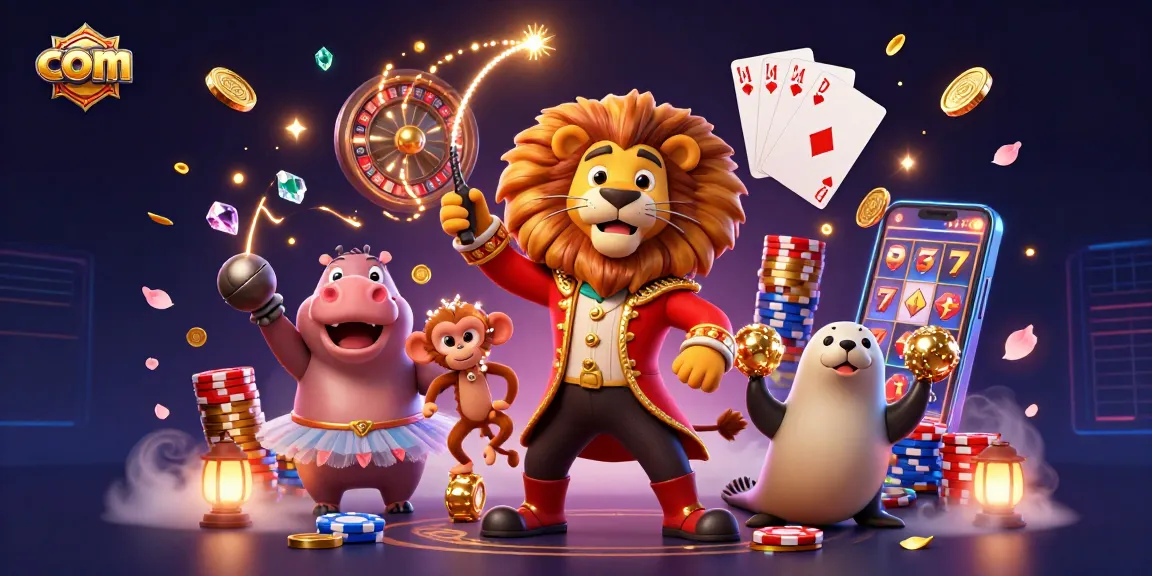 Experience thrilling casino fun with com's vibrant 3D circus-themed gaming scene full of engaging elements.