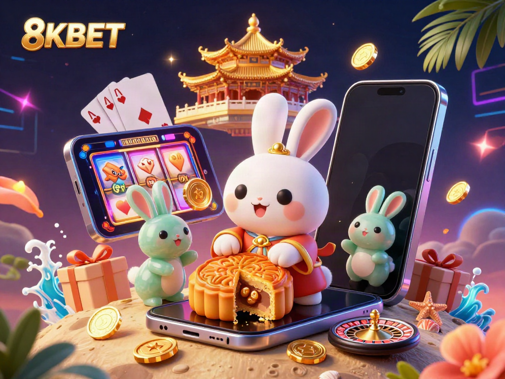 Experience the vibrant 8KBET casino action with animated moon rabbits and poker chips in this colorful scene.