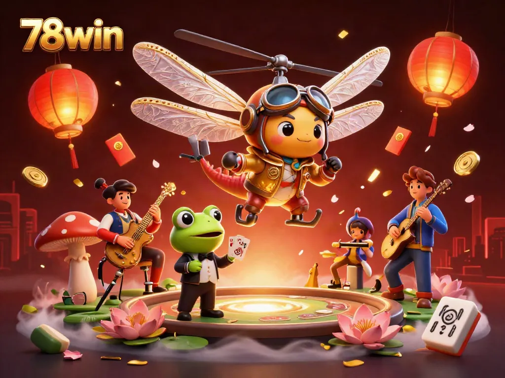 Join the thrilling action of 78win with vibrant cartoon characters in a lively casino scene.
