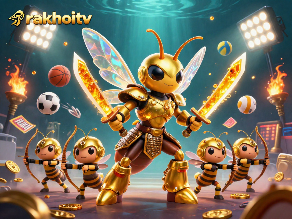 Engage with rakhoitv's dynamic sports betting scene featuring an energetic illustration of unique characters.