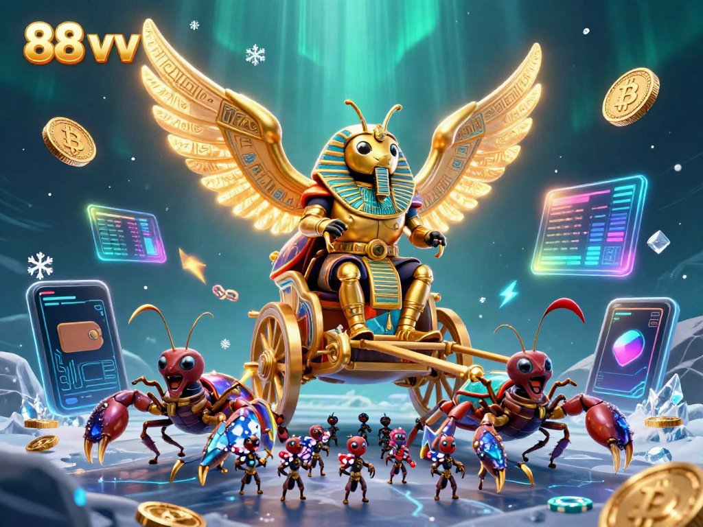 Experience the thrill of 88 vv gaming with a colossal golden beetle symbolizing fortune amidst casino elements.
