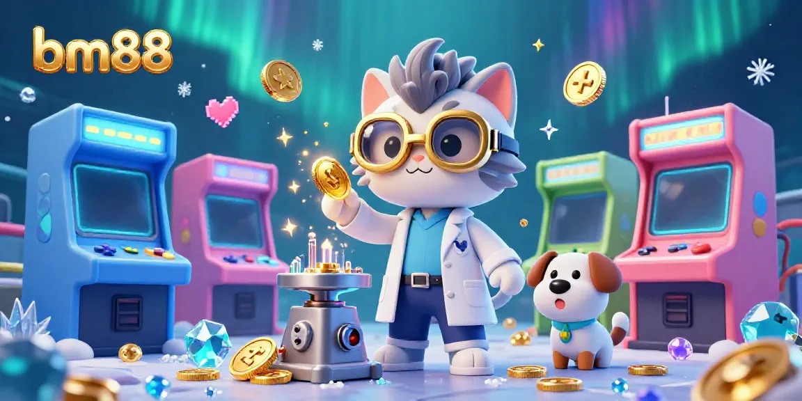 Experience the vibrant world of bm88 with a cartoon scientist cat and dog in an arcade filled with glowing games and gold.