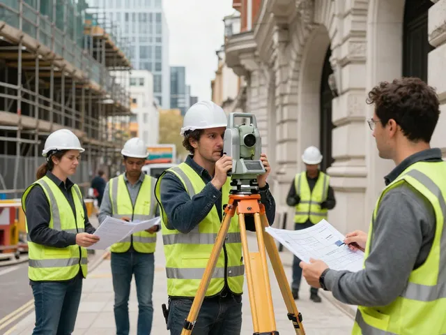 Measured Surveyors London team using technical instruments on a construction site for accurate building surveys.