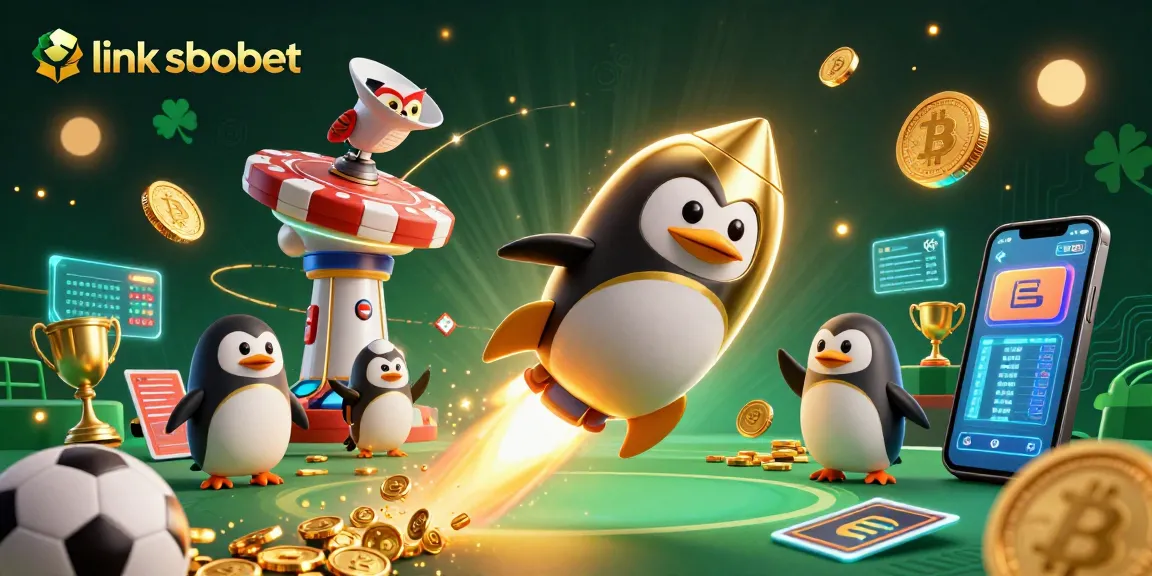Bet on link sbobet with a golden penguin exploring a cosmic casino adventure.