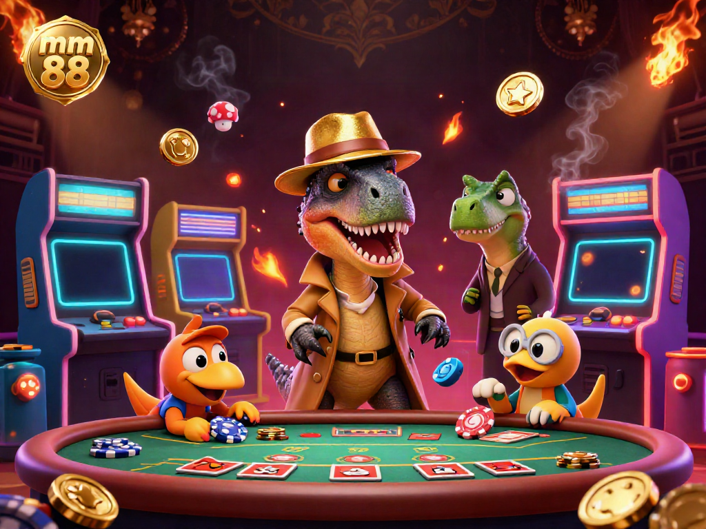 Experience mm 88 with an intriguing velociraptor at a blackjack table in a vibrant casino setting.