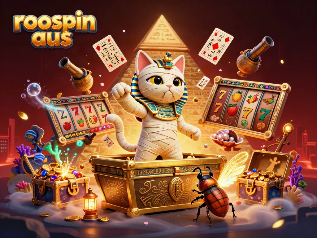 Engage with the spectacle of roospin aus in a vibrant casino scene featuring an Egyptian mummy cat and treasures.
