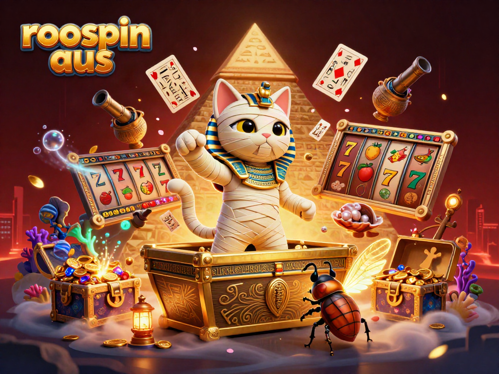 Engage with the spectacle of roospin aus in a vibrant casino scene featuring an Egyptian mummy cat and treasures.